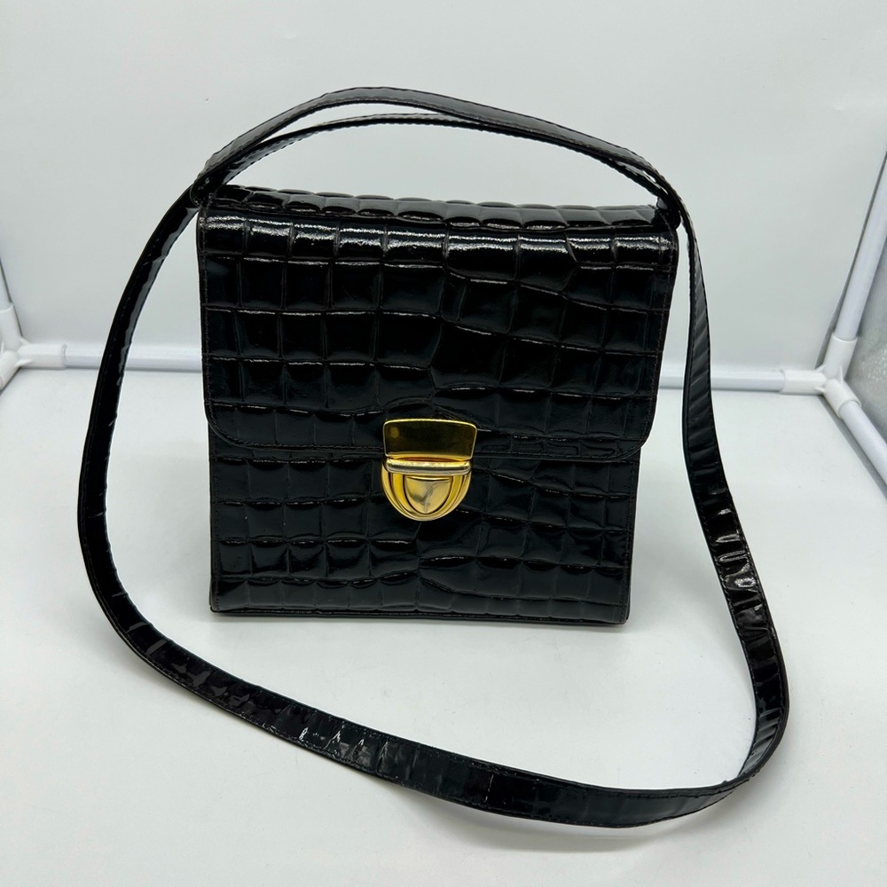 DUE FRATELLI Vintage Dark Brown Croc Embossed Leather Box Crossbody Bag Clutch